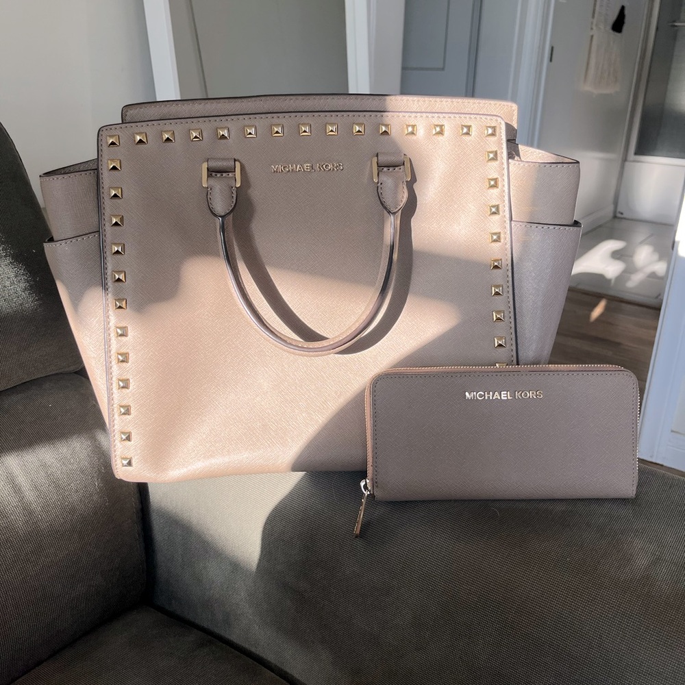 Michael Kors taupe and gold studded purse with matching wallet